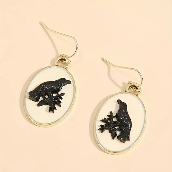 Baroque Halloween Retro Goth Black Raven Cameo Earrings NEW - Picture 5 of 5